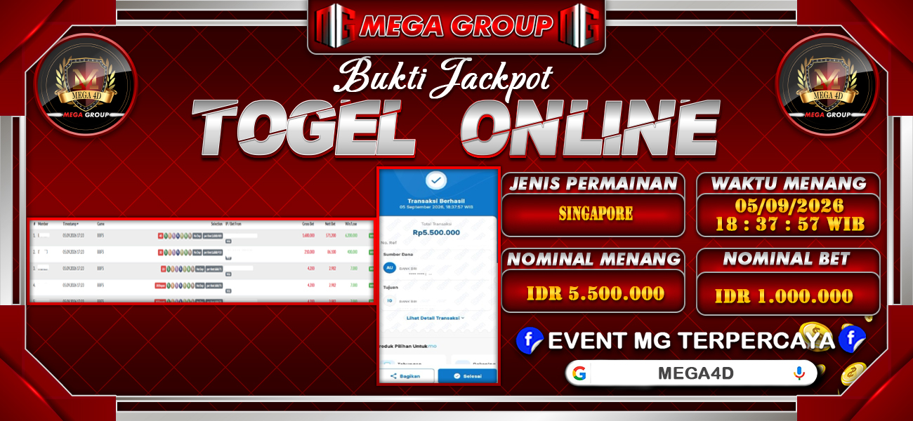 Bukti JP situs Mega4D hari Sabtu, 05 September 2026